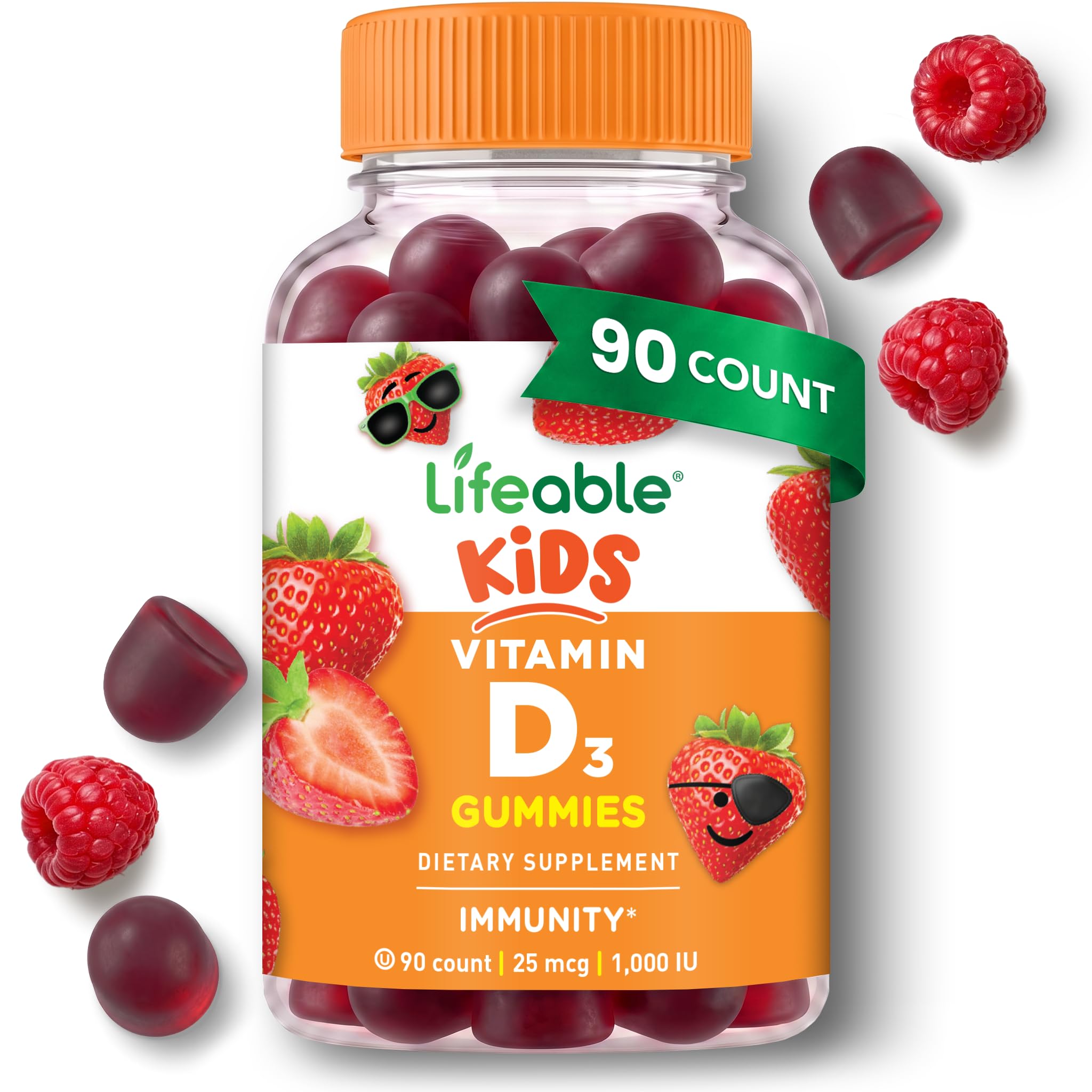 Lebensfähige Kinder Vitamin D Gummies | Vitamin D3 1000iu | Große Verkostung Vitamin D3 Gummies | D3 Vitamin für starke gesunde Knochen und Immununterstützung | Vitamin D für Kinder, Jungen, Mädchen | 90 Gummies