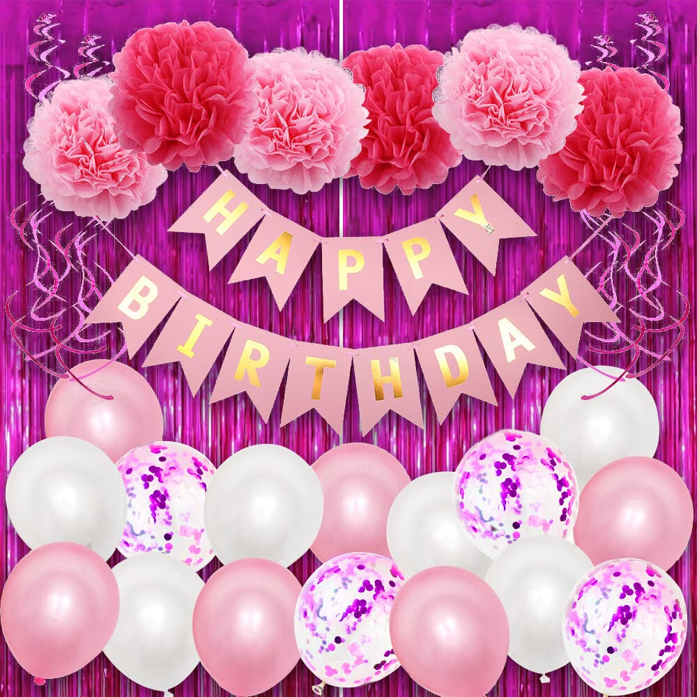 Party Propz Happy Birthday Decorations For Girls Combo Set - Pink Birthday Combo With Happy Birthday Paper Banner, Pink Pom Pom, Foil Curtain, Swirls & Confetti Balloons For Girls, Women - 66Pcs