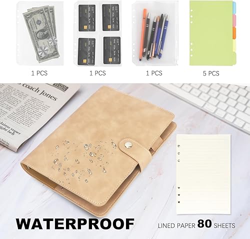 Miniatura 4 de FYY - Cuaderno de 6 anillos de piel sintética con bolsillos, divisores y papel de recarga, agenda de tamaño A5, color caqui