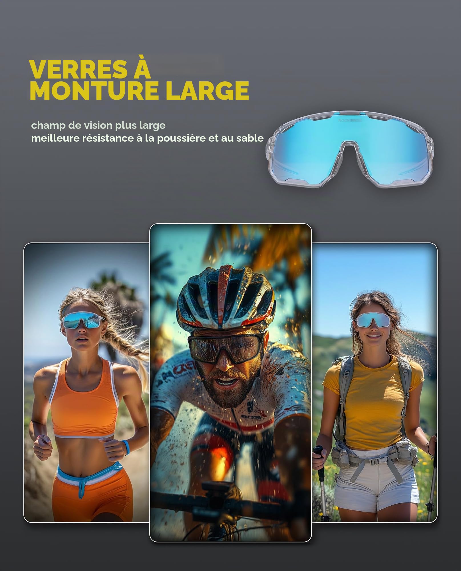 ROCKBROS Lunettes Soleil Polarisées Sport avec 2 Lentilles Remplacement, Cyclisme Lunettes Polarisées Anti-UV400 Plaquettes de Nez Amovibles Unisexe Vélo VTT Course Golf Sports de Plein Air