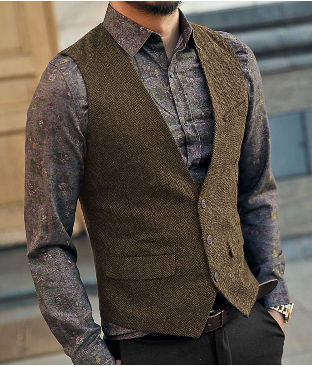 Męska kamizelka garniturowa slim fit wełna w jodełkę tweed casual dekolt w serek formalna kamizelka na ślub dla drużbów