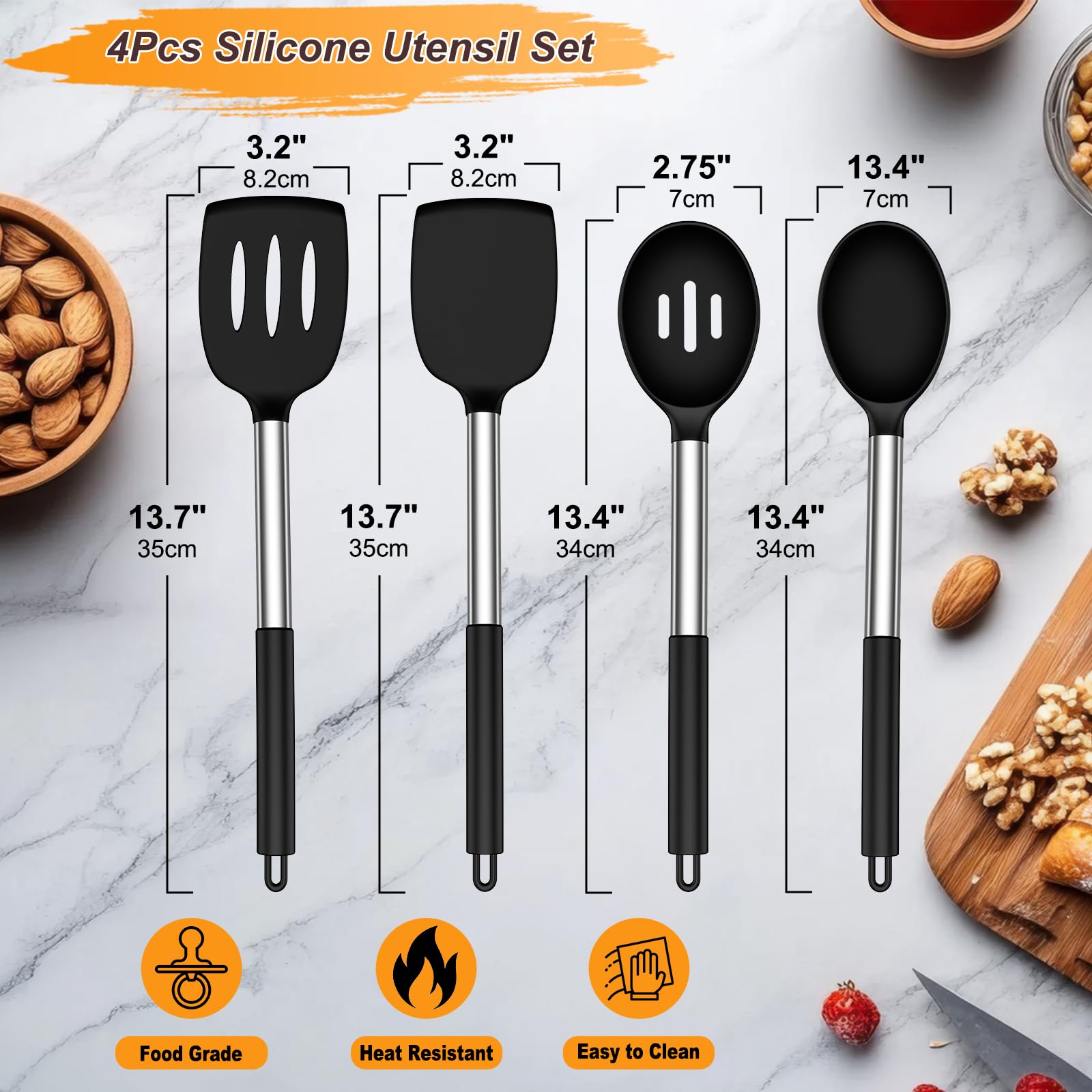 Yoehka Silicone Cooking Utensils Set for Nonstick Cookware, 4Pcs Heat Resistant Kitchen Silicone Spatula and Spoon Set with Stainless Steel Handle, Mixing, Flipping, Turning, Stirring, Black