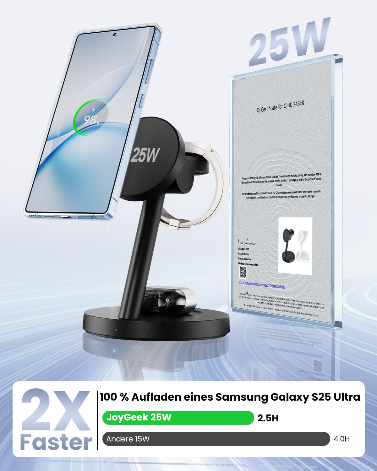 JoyGeek Magnetisch Induktive Ladestation für Samsung 4 in 1, Qi2.2 25W Fast Mag-Safe Ladegerät für Galaxy S26/S25/Ultra/Z Fold/Flip 7,Wireless Charger für Watch 8/Ultra/7/6/5, für Galaxy Buds 4/3 Pro