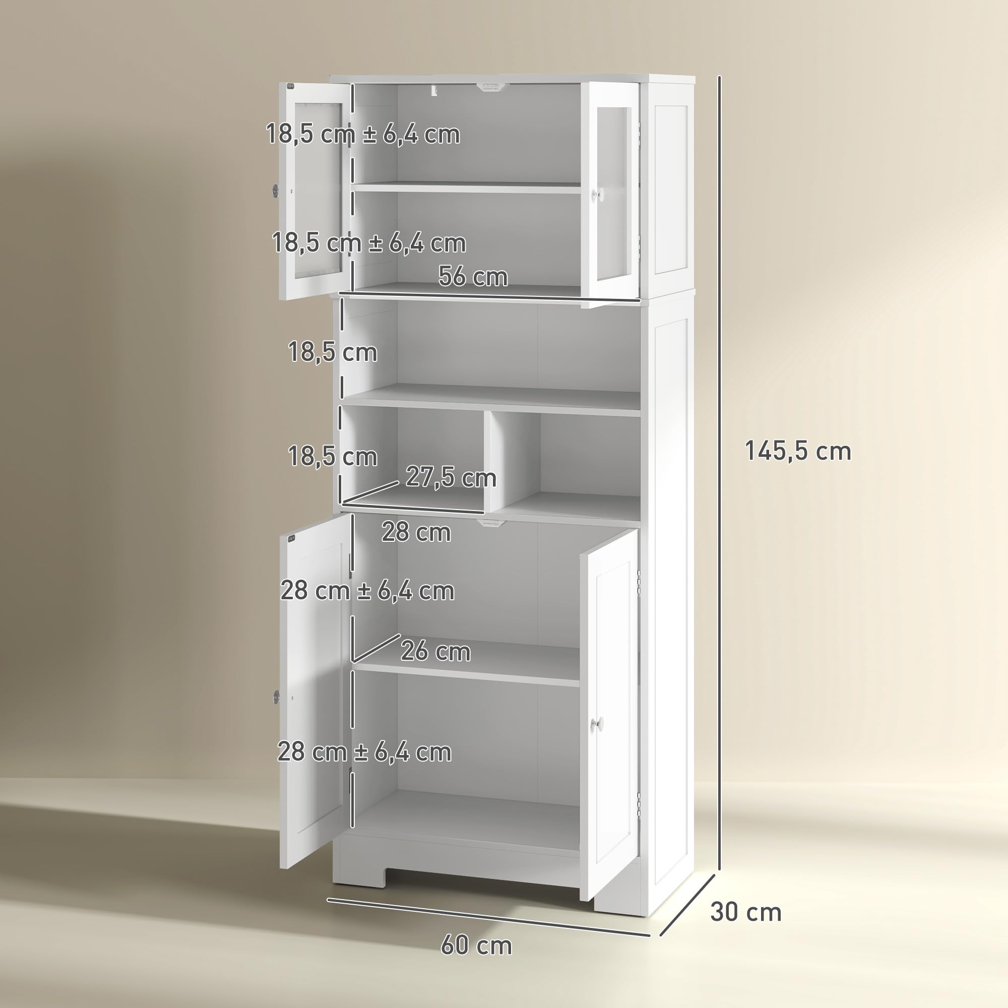 HOMCOM Credenza Cucina con 2 Armadietto, 3 Vani Aperti, Mobile Dispensa Stretto con Ante in Vetro e Ripiani Regolabili, per Soggiorno, Sala da Pranzo, 60x30x145.5 cm, Bianco