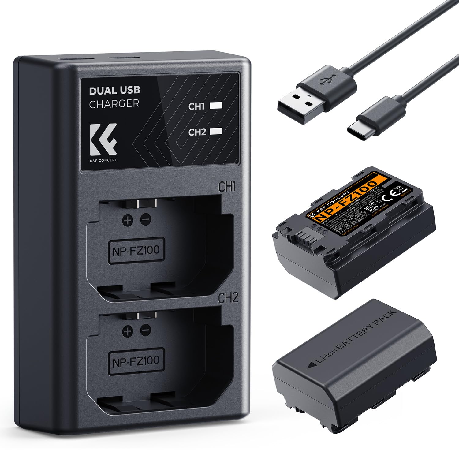 K&F Concept NP-FZ100 2 Pack 2280mAh Batería y Cargador Compatible con Cámara Sony Sony A7iii, A7iv, fx3, fx30, A6700, A7R, A9, A6600, A7Riii, A7Riv, A7R3, A7C, ZV-E1, ZV-E10ii, A7S3, A9R y más