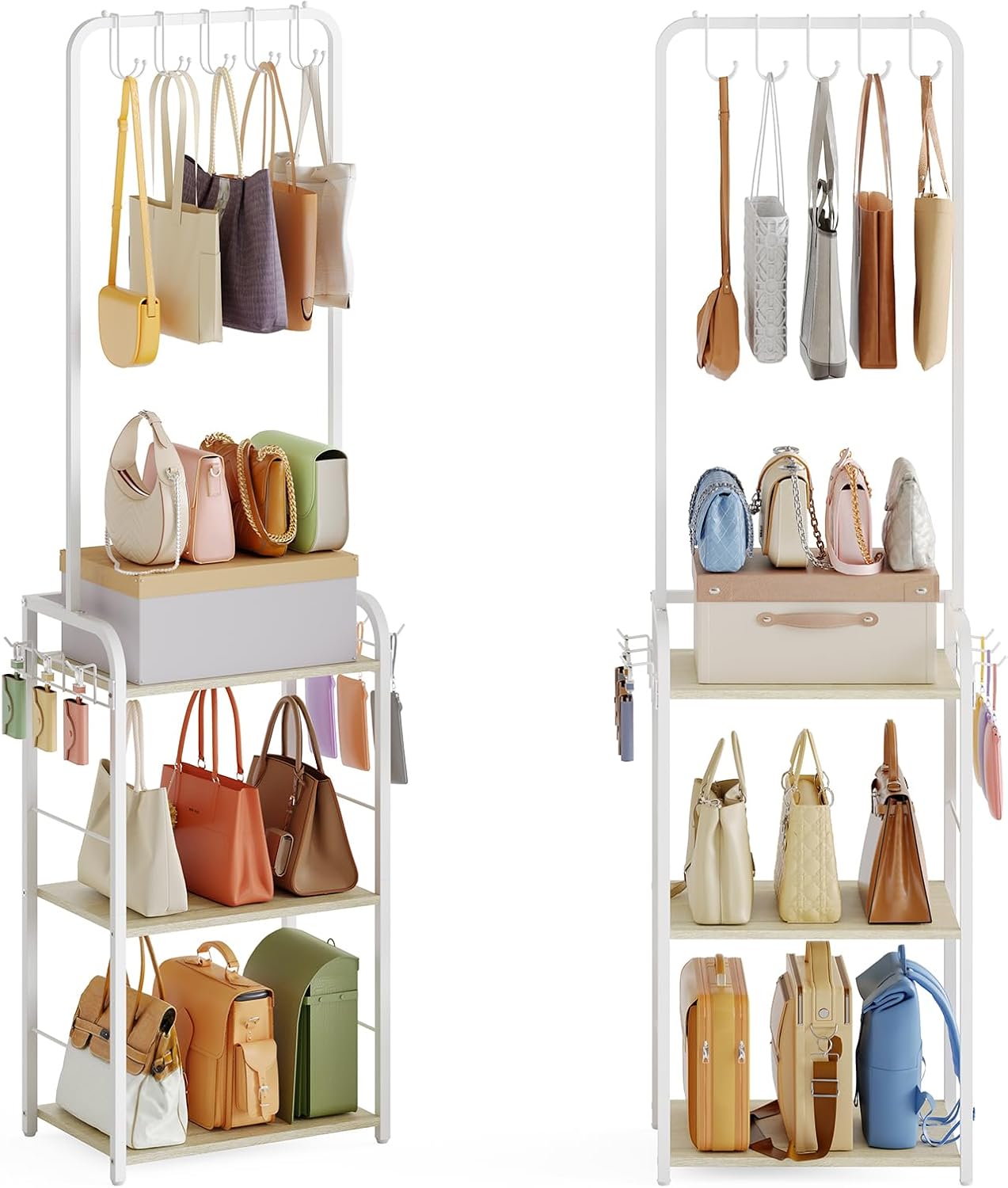 Tall floor standing narrow purse organizer with hanger