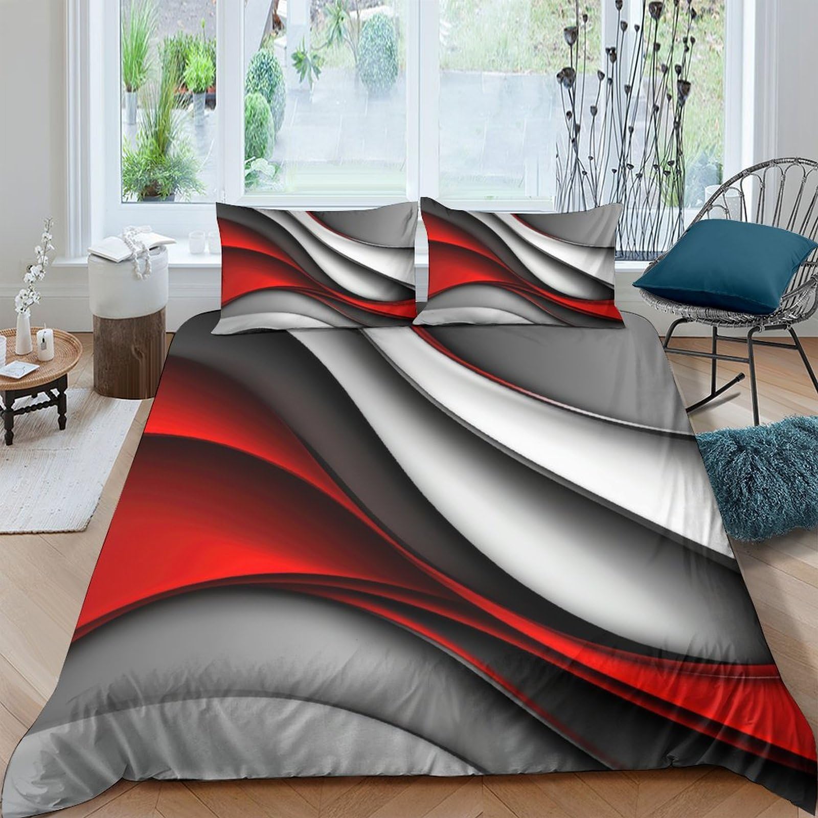 GPLZQXKJNH 3D Printed Red Black Wave Duvet Cover Microfiber Soft Breathable Abstract Stripe Bedding Set with 2 Pillowcases for Bedroom Decor Single（135x200cm）