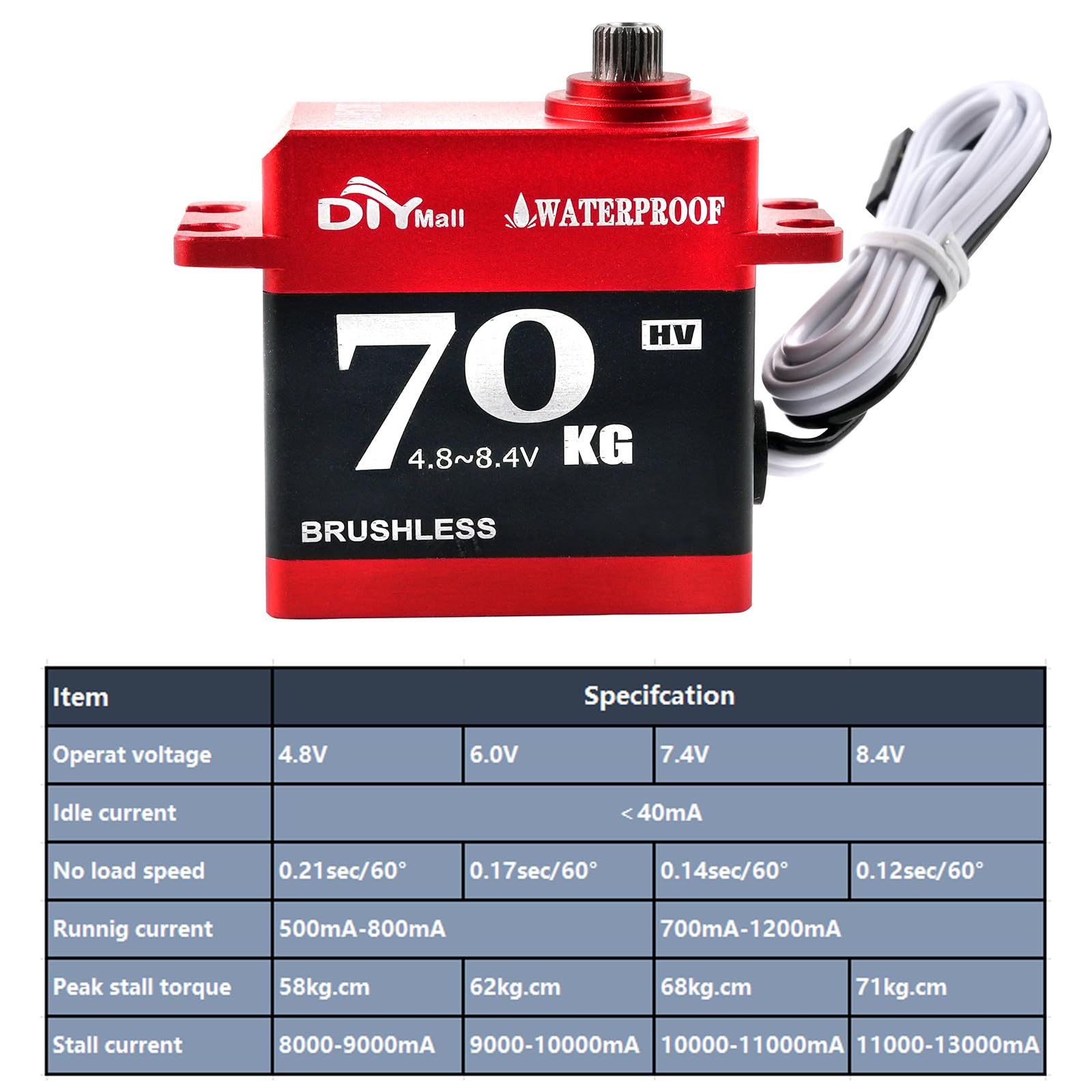 DIYmall 70kg Digital Servo Waterproof High Torque Brushless Motor Steel Gear Servo with 25T Metal Horn for 1/8 1/10 RC Car/Robot/Boat/Plane (180 Degree)