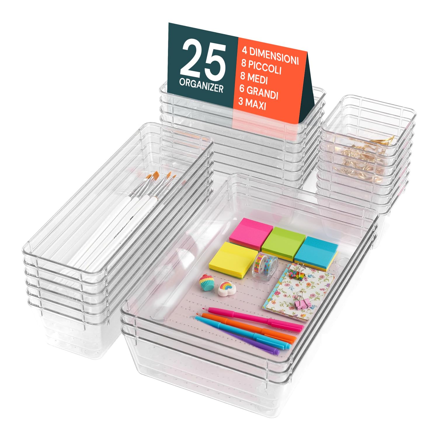 Avilia – Set 25 Organizer Trasparenti per Cassetti e Scrivanie Multiuso Impilabili in Plastica Resistente, Ideali per Cucina, Ufficio e Bagno, Facili da Pulire e Modulari per Ogni Spazio