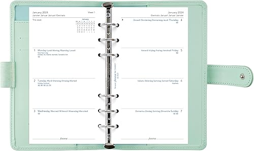 Miniatura 6 de Filofax Saffiano - Organizador personal compacto, color menta neo, grano cruzado, aspecto de cuero, seis anillos, calendario semanal para ver,