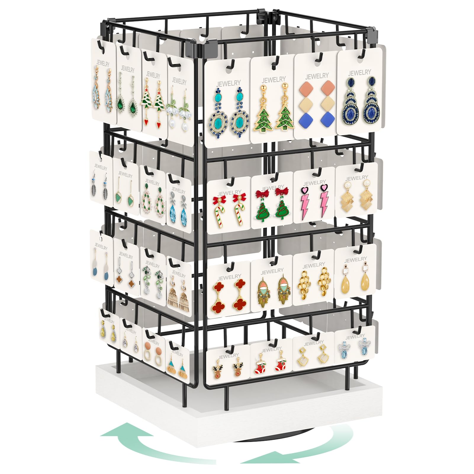 EsLuker.ly Rotating Earring Display Holder Stand for Vendors Events Selling, Large Capacity 64 Hooks Jewelry Rack with Wooden Base for Earring Card Sales, Enhances Retail Visibility (White+Black)