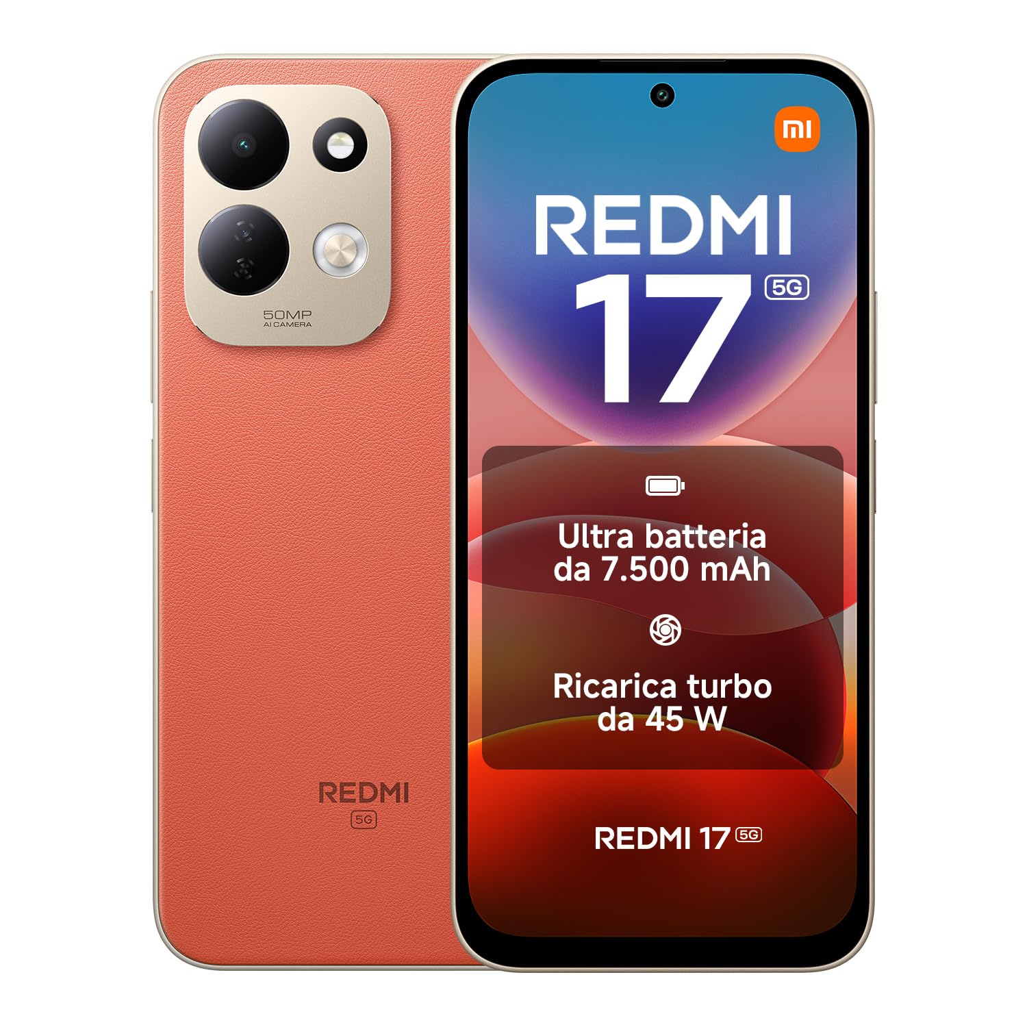 REDMI 17 5G, Smartphone 4+256GB, Arancione, Batteria 7500mAh, Ricarica 45W | Snapdragon® 4 Gen 5 5G, Resistente Corning® Gorilla® Glass 7i, Display Immersivo 6,9″, Sistema a Doppia Fotocamera AI da 50MP