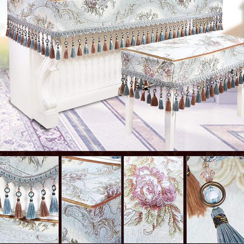 Set Di Coperture Per Pianoforte In Tessuto,lusso Europeo Chenille Jacquard Copertura Polvere Pianoforte Insieme Di 3 Con Nappe E Perline Di Cristallo Per Tastiera Sgabello In Alto Blu Rivestimento