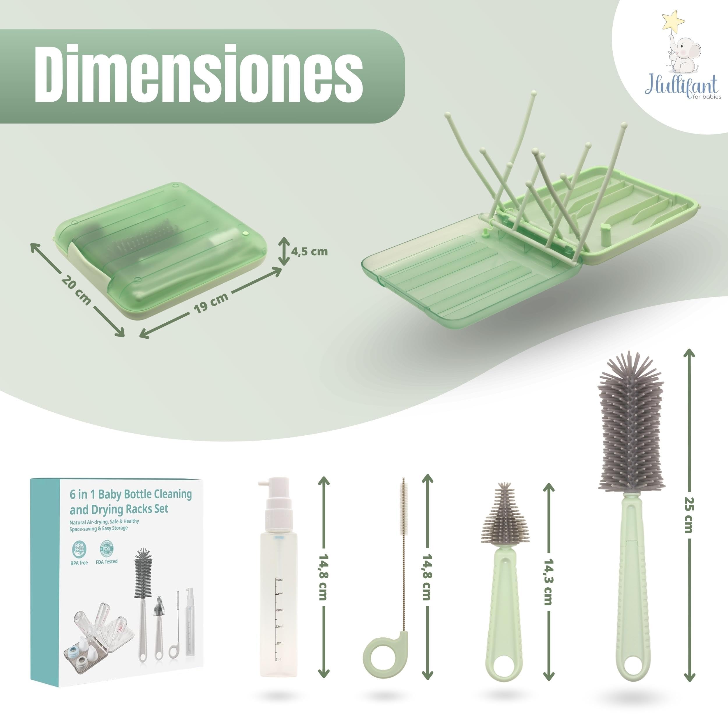 Set Escurre Biberones con Limpia Biberones - 6 en 1 Kit Cepillo Limpia Biberones con escurre biberones Plegable - Portatil - Transportable - Regalo para Bebe - SIN BPA - Verde