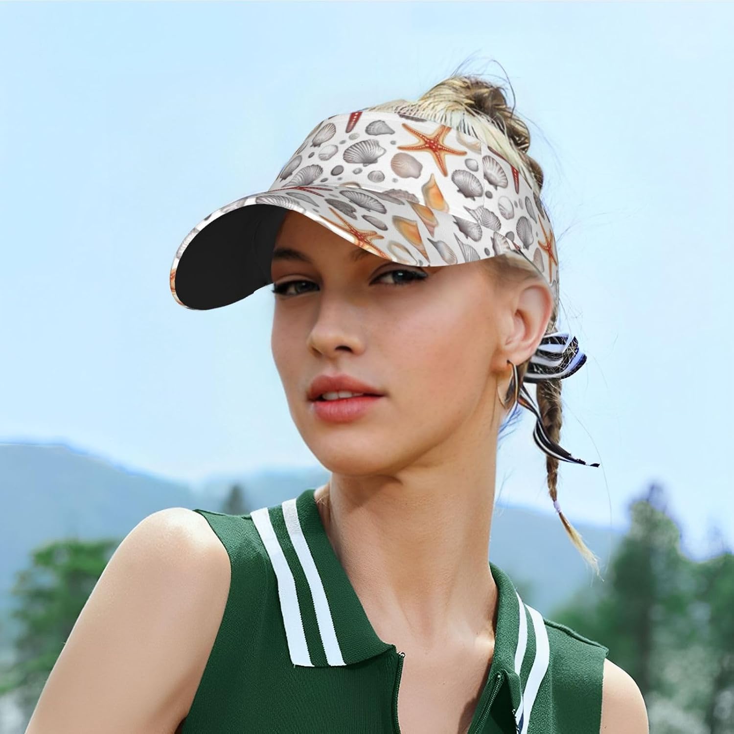 Shell Starfish Print Sun Visor Hats for Women Men Adjustable Sports Golf Running Sun Caps Black