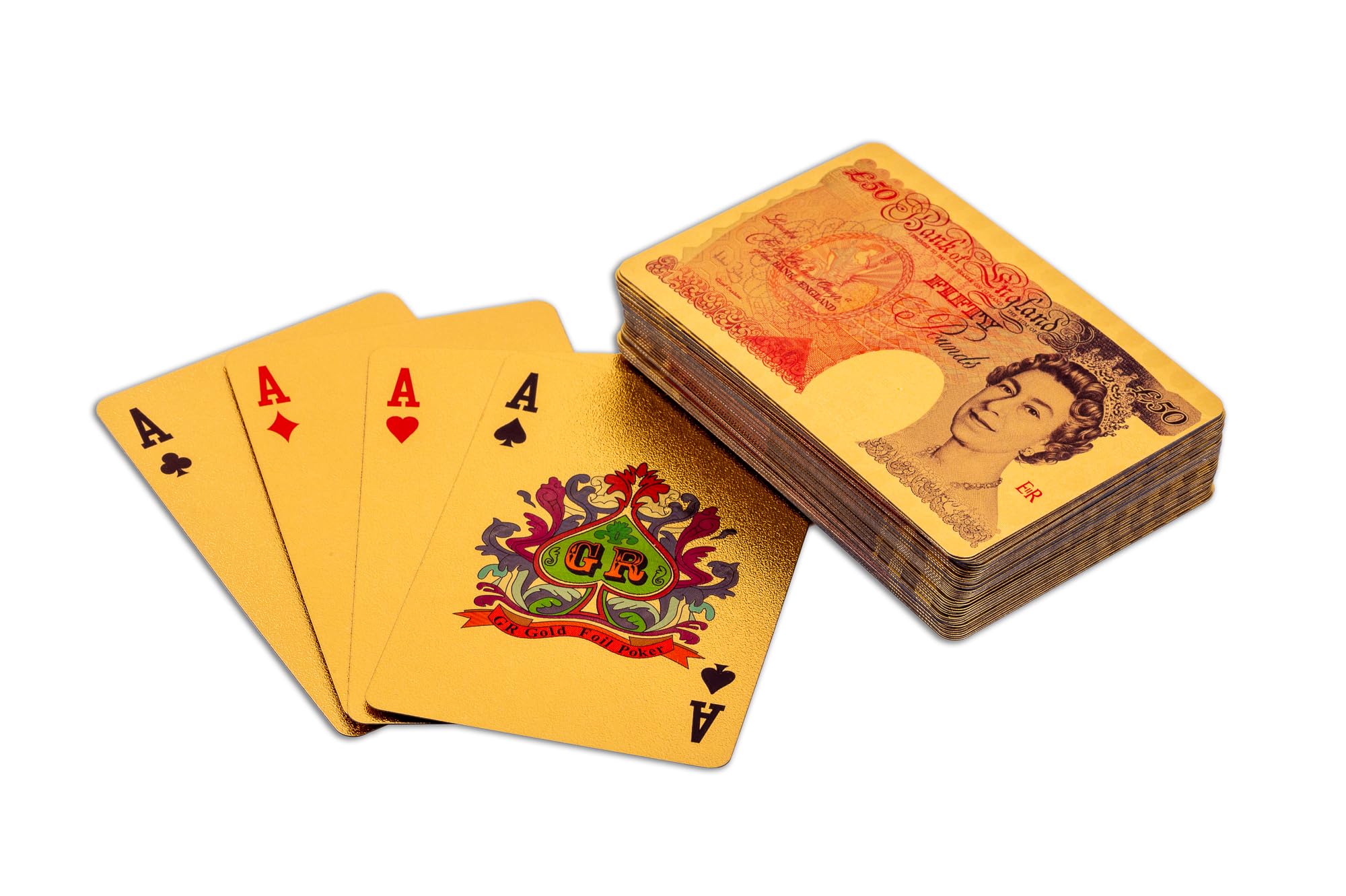 R&P ENTERPRISE LTD 24K Gold Plated £ British Pound Sterling Deck with £50 Bill Design, Luxury Waterproof Poker Cards for High Stakes Gamers and Collectors