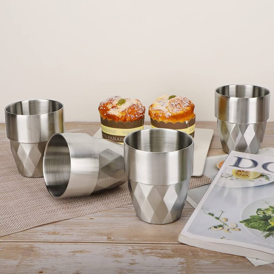 UPTALY 4 Pcs Stainless Steel Cups (15 Oz/per, Silver), Diamond Hammer Pattern Cup, Lightweight Iced Tea Mugs, Double Walled Beer Mug, Reusable Metal