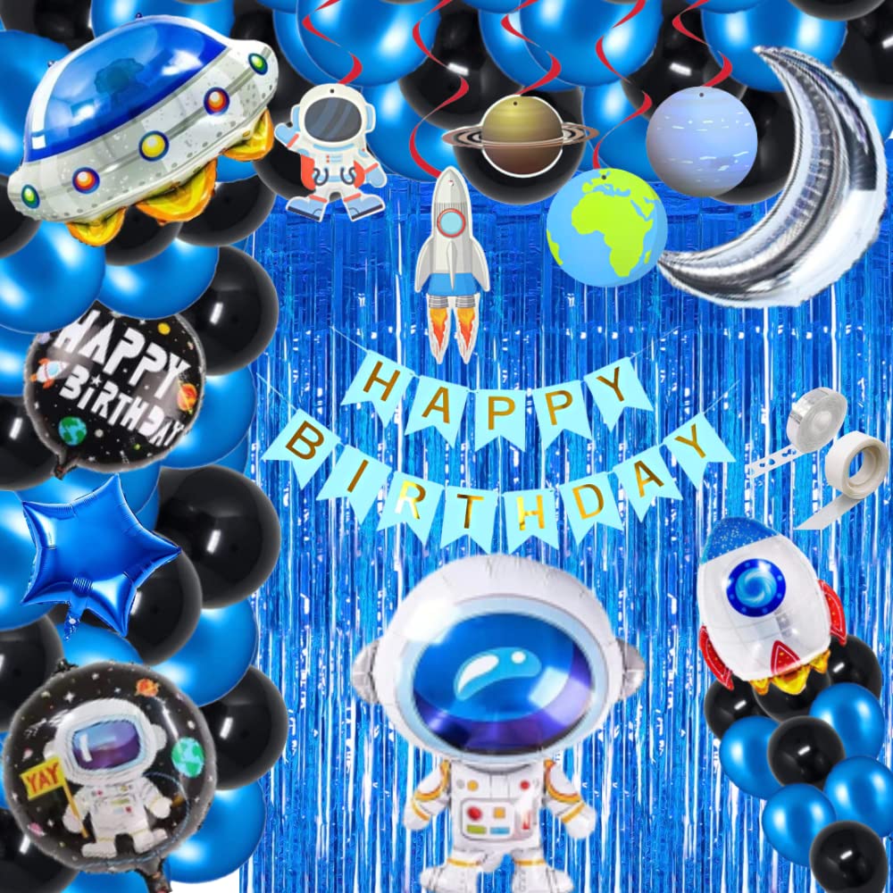 FI - FLICK IN 75 pcs Space Theme Birthday Decoration Kit Ufo Rocket Silver Moon Foil Balloon Curtain Space Theme Hanging Swirls Astronaut Happy Birthday Decorations for Boys (Pack of 75, Multicolor)