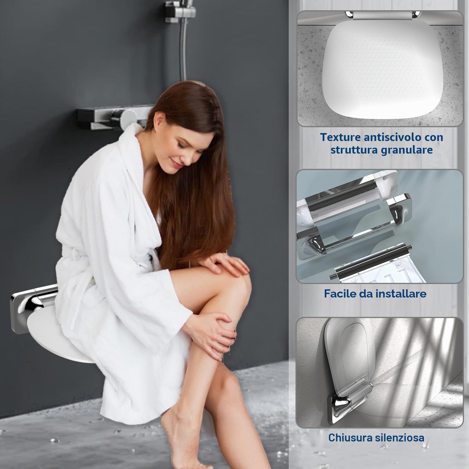 Sedile Doccia Pieghevole con Montaggio a Parete e Ampia Seduta - Sgabello da Bagno Ergonomico Antiscivolo per Anziani e Disabili, Portata Massima 180 kg, Bianco