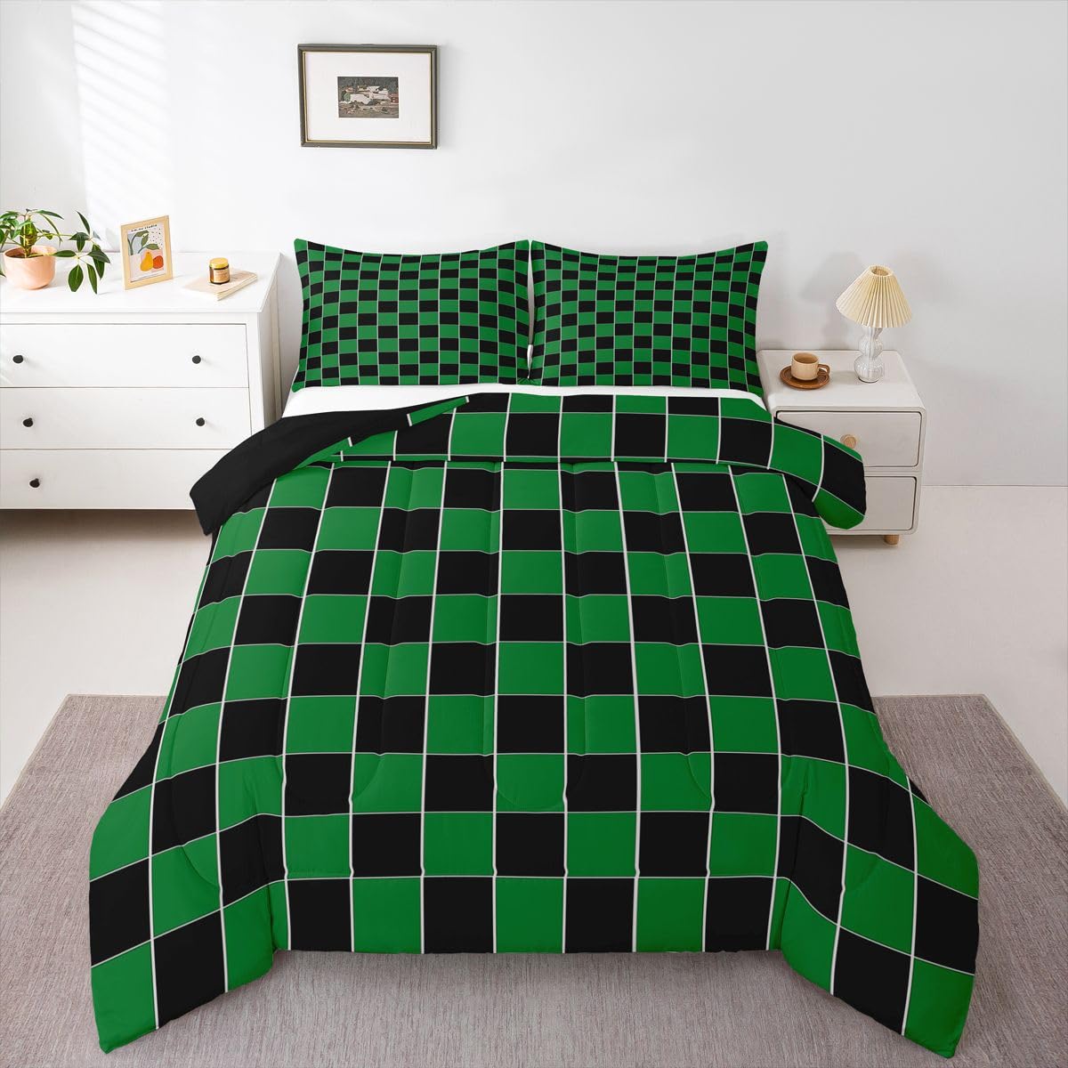 Erosebridal Plaid King Bedding Set Green Black Checkerboard Comforter Set for Kids Boys Girls Geometric Checkered Bed Comforter Sets,Aesthetic Grids Quilt Duvet