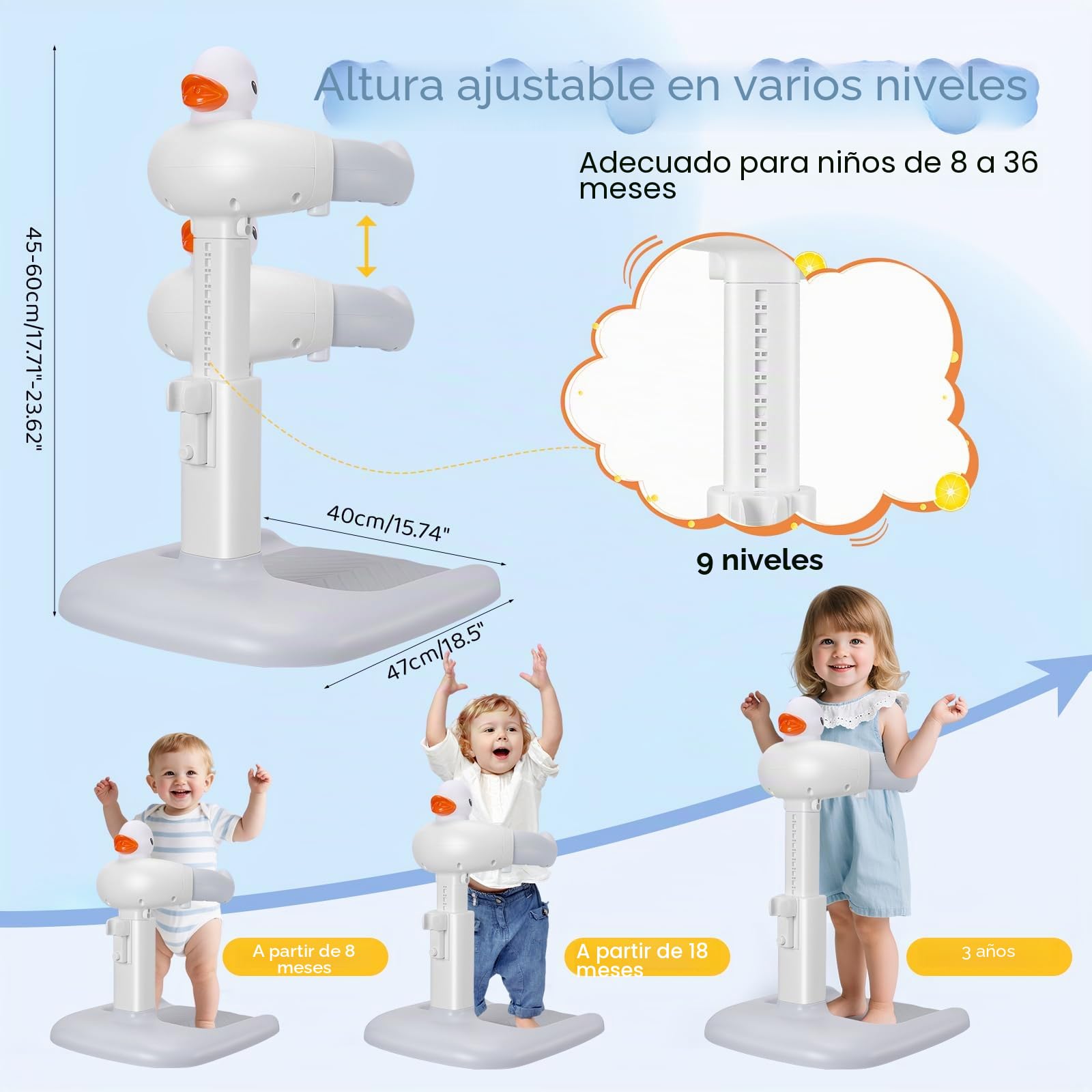 Soporte Ducha para Bebé 8-36 Meses, Altura Ajustable, Portador Ducha Incluido, Base Antideslizante, Asistente Baño Niño, Ideal como Soporte Bebe Bañera