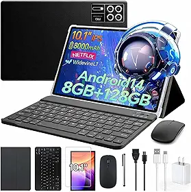 Xixaomiro S12 Tablet, 10.1 Polegadas, Android 14, 8GB+128GB, Película de Proteção + Caneta Stylus+Teclado+Mouse+Capa+Fone de Ouvido, Tela 1920x1200, Wi-Fi 5G, Câmera 13MP/5MP, Bateria 8000mAh (Preto)