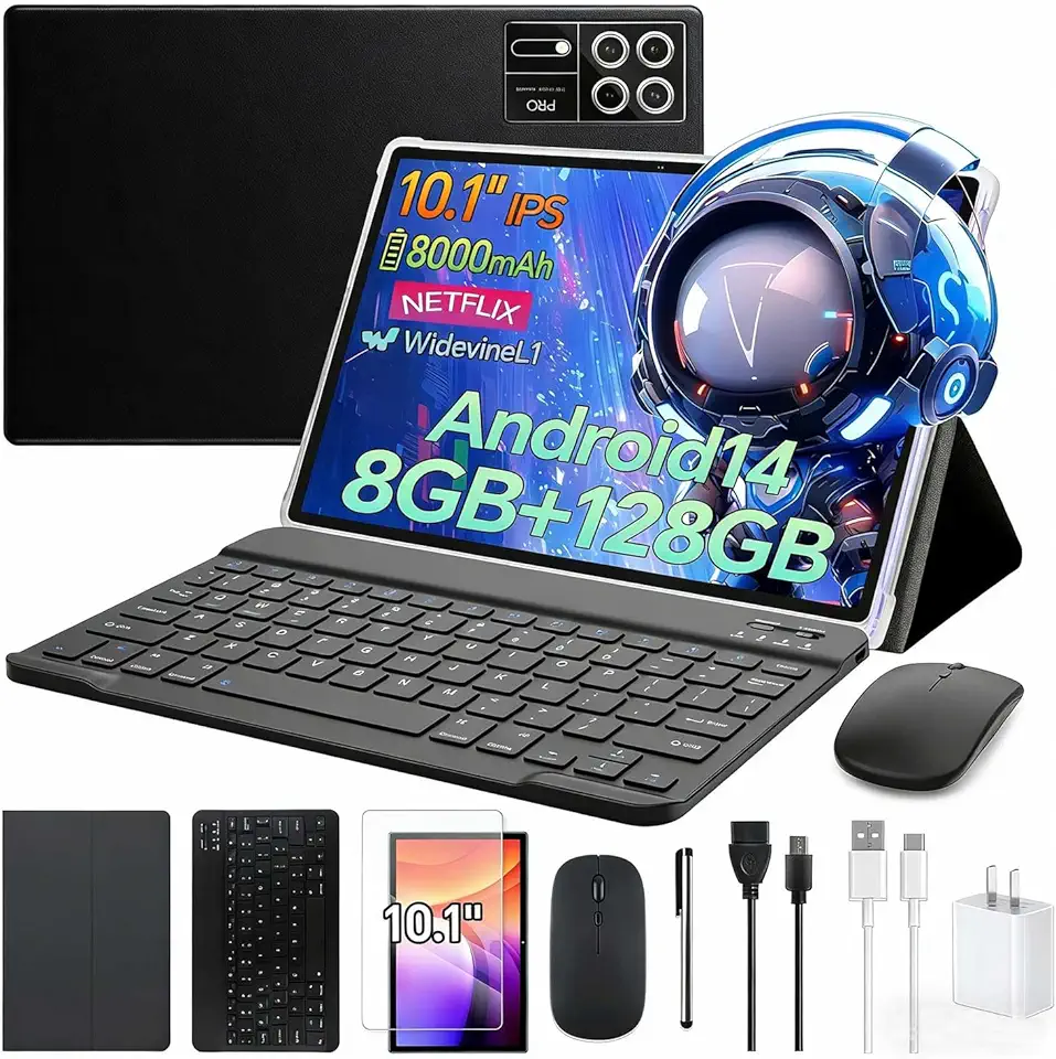 Xixaomiro S12 Tablet, 10.1 Polegadas, Android 14, 8GB+128GB, Película de Proteção + Caneta Stylus+Teclado+Mouse+Capa+Fone de Ouvido, Tela 1920x1200, Wi-Fi 5G, Câmera 13MP/5MP, Bateria 8000mAh (Preto)