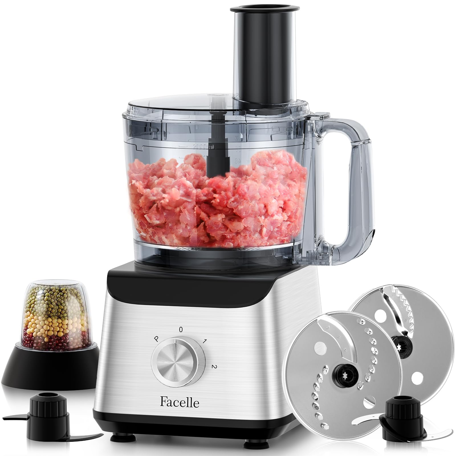 Facelle Electric Food Processor 10 Cup Large Bowl with 6.8oz Grinder, 600W Vegetable Chopper for Mincing, Dicing, Shredding, Puree & Kneading Dough, Great 