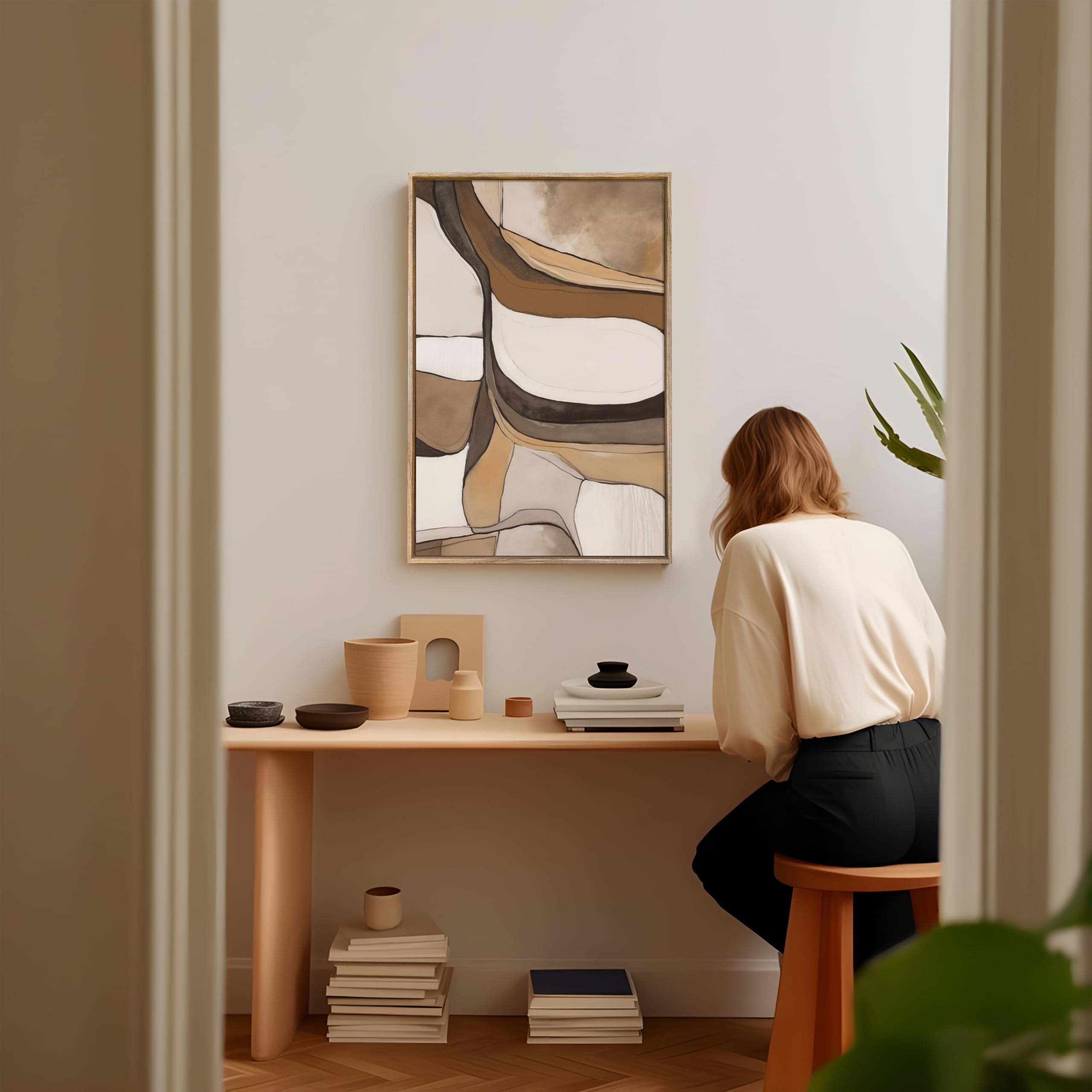 Large Abstract Canvas Wall Art - Beige, 23x35 Inch -4