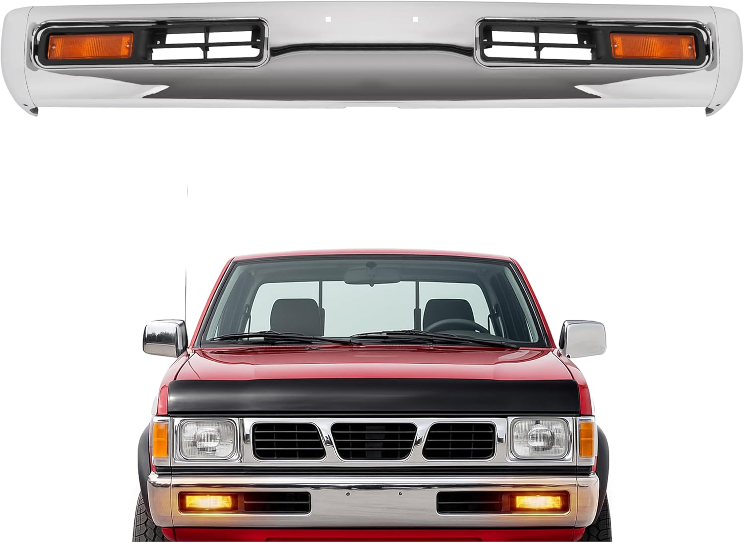 KUAFU 7Pcs Front Bumper Kit Compatible with 1993-1997 Nissan D21 Pickup & Pathfinder Model Bumper Face Bar, End Cap, Light Bezel Assembly w/Amber Lens Turn Signal Light Steel + Plastic Silvery + Black