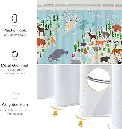 Miniatura 6 de Cortina de ducha con mapa del mundo, juego de cortina de ducha educativa para niños, tela de poliéster impermeable con 12 ganchos, 72 x 72 pulgadas