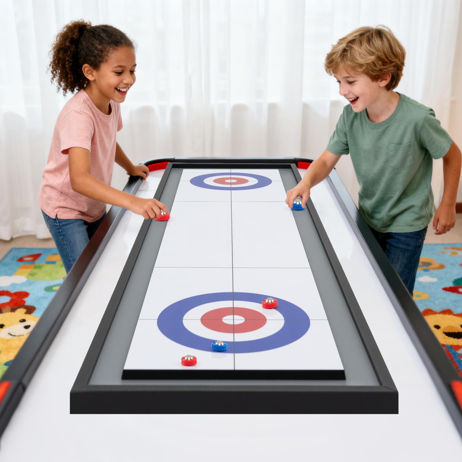 HOMASIS Gioco 2 in 1 Shuffleboard e Curling, Tavolo Multifunzionale Doppia Faccia in Legno, Portatile con 8 Dischi, 114x32 cm