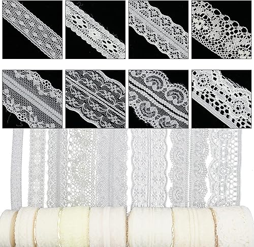 Cinta de encaje color crema de 80 yardas, 8 rollos de costura de ganchillo, patrones surtidos, cintas de encaje floral vintage para coser bricolaje,