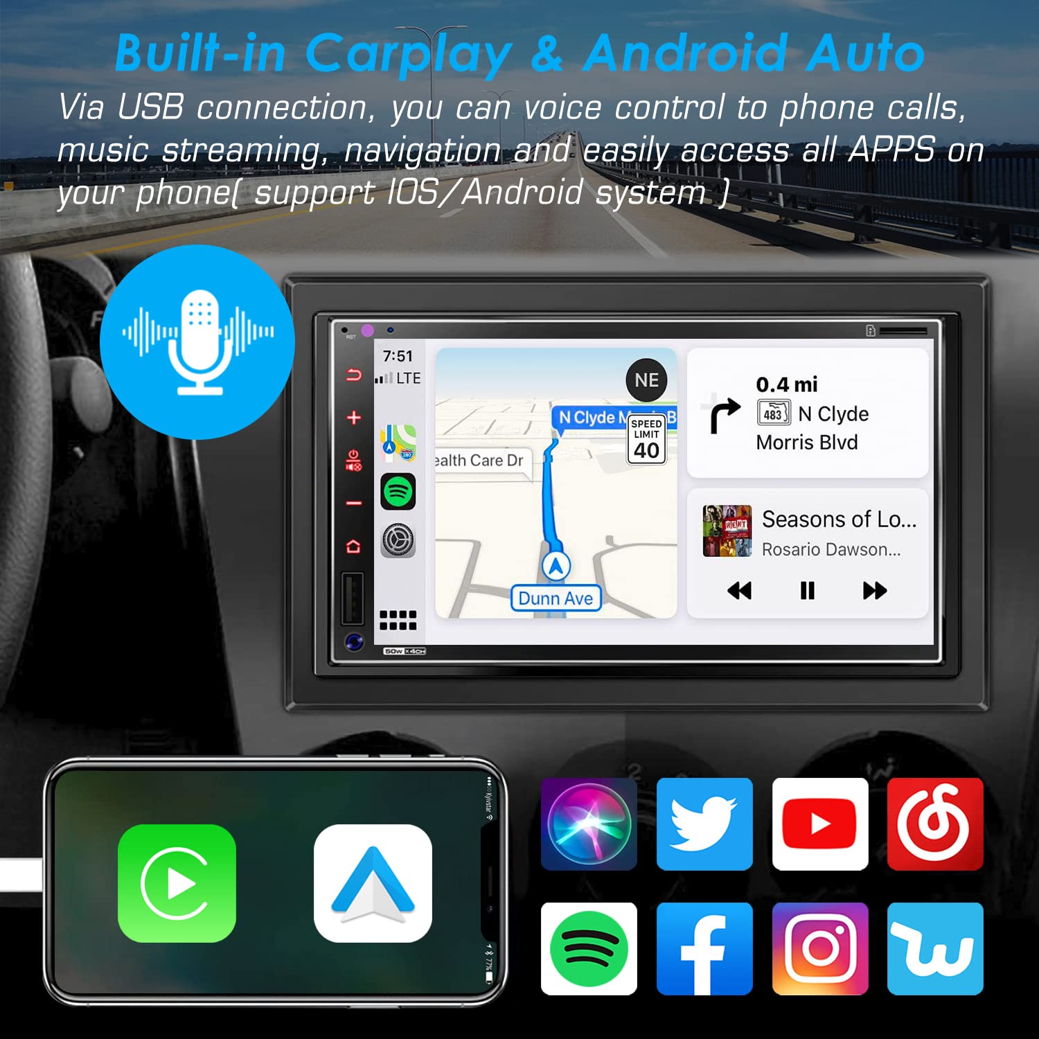 Double Din Car Bluetooth Stereo 7 Inch Touchscreen Audio with Apple