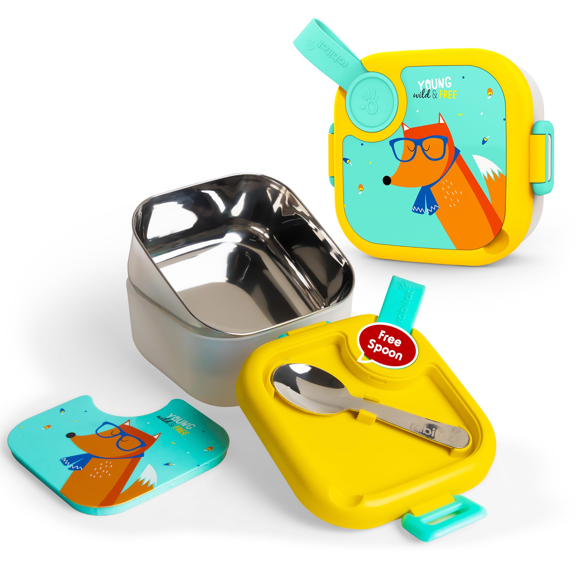 rabitat Lunchmate Mini Stainless Steel Lunch Box with Spoon | Airtight | Leakproof Snack Box/Tiffin Box for Kids/Toddlers/Infants to School/Picnic - 500 ML