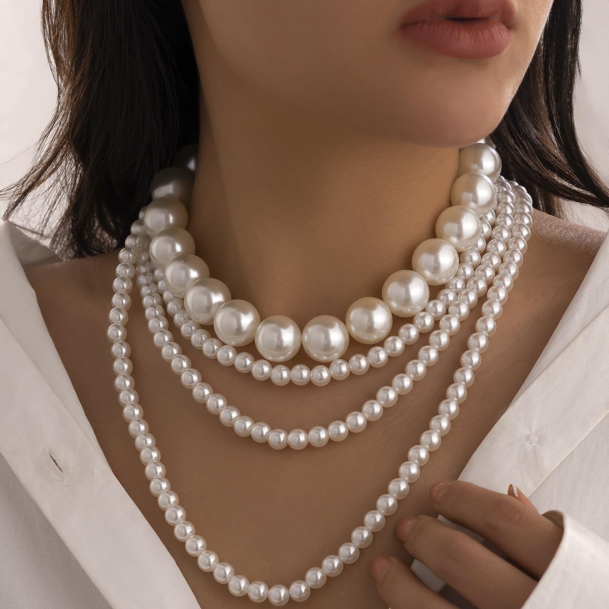 Long Pearl Necklace for Women Chunky Pearl Strand Choker Layered Choker Bridal Wedding Party Vintage Jewelry