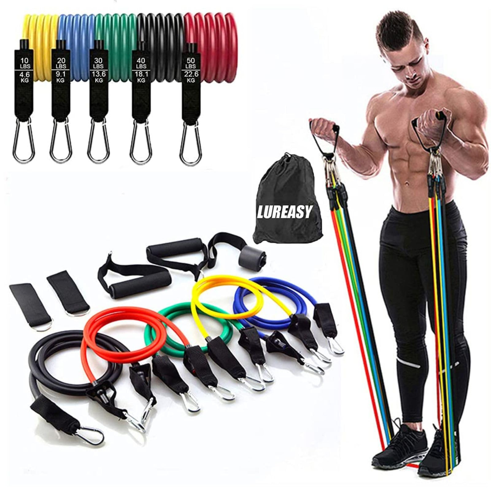 AKSHAR Enterprise Resistance Bands Set (11 PCS) Portable Home Gym Accessories - Stackable Up to 150 lbs,Exercise with Door Anchor, Handles, Carry Bag, Legs Ankle Straps for Training, Workouts-image-10