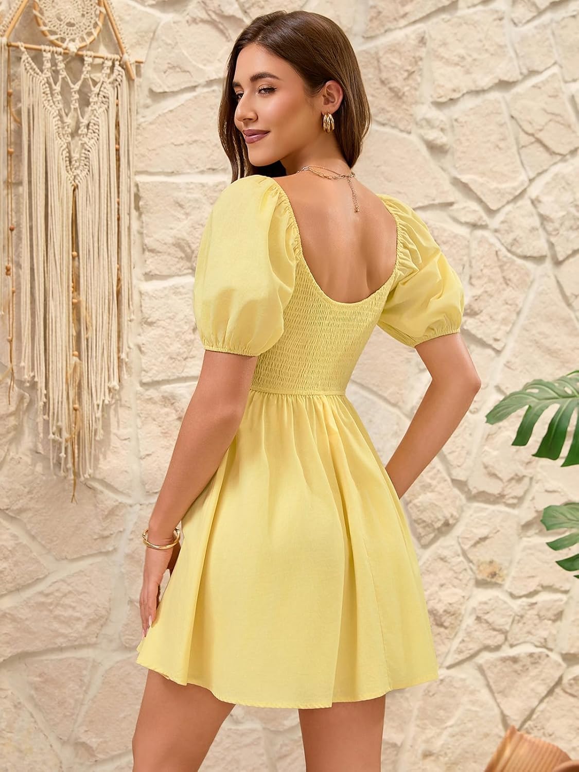 Women's Summer Casual Puff Sleeve Babydoll Dress V Neck Empire Waist Boho Swing Sundresses Beach Mini Dresses - Image 3