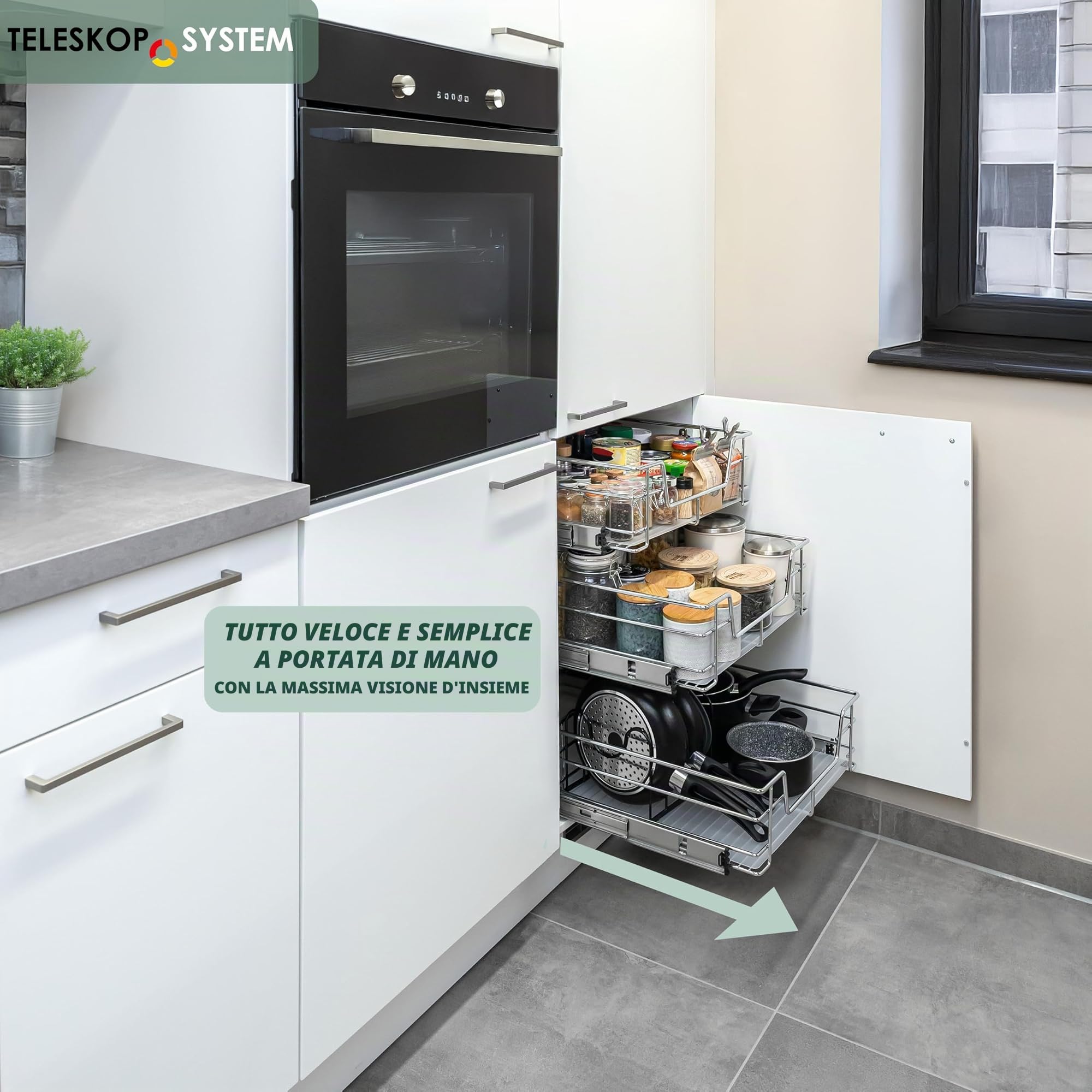 bremermann Cassetto telescopico Larghezza 60 cm con ripiano, con Guide telescopiche, cassetto Estraibile Ideale per Cucina e Bagno, in Metallo (Cromo)