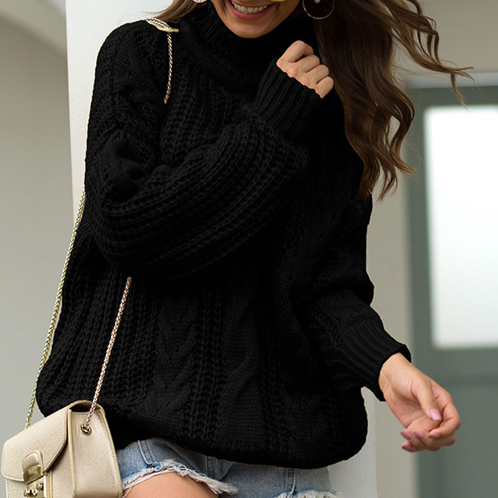 Maglione Dolcevita in Maglia a Trecce da Donna, Morbido Pullover a Collo Alto, Top Invernale Ampio a Maniche Lunghe