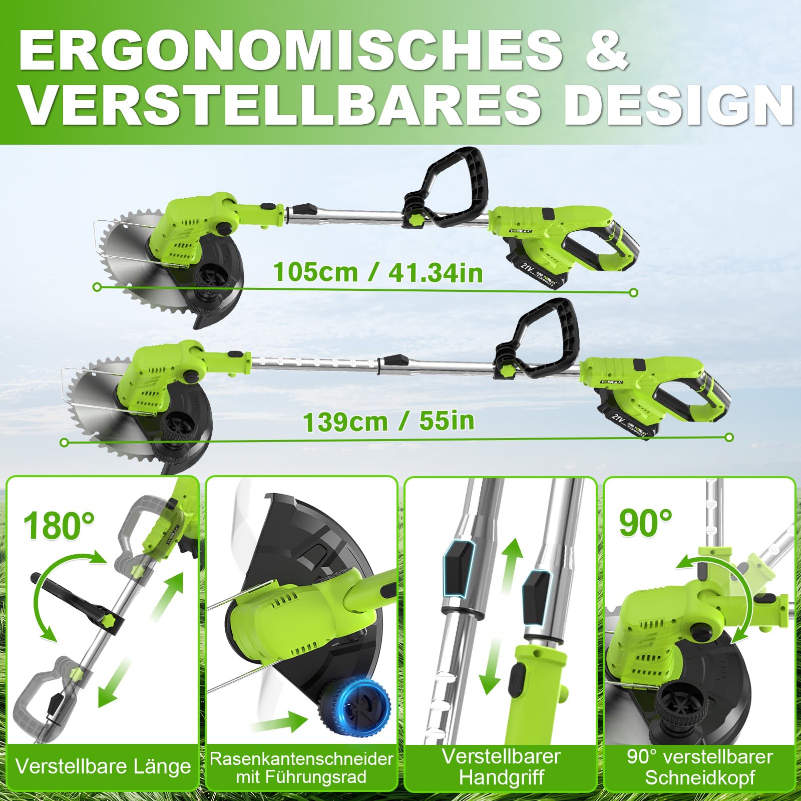 VOERJIA Débroussailleuse Électrique sans Fil 850W avec Écran LCD, Coupe Bordure sans Fil avec 2 Batteries 21V et Roue, Rotofil Puissant 4-en-1 pour Jardin, Désherbage et Allée (Modèle Pro)