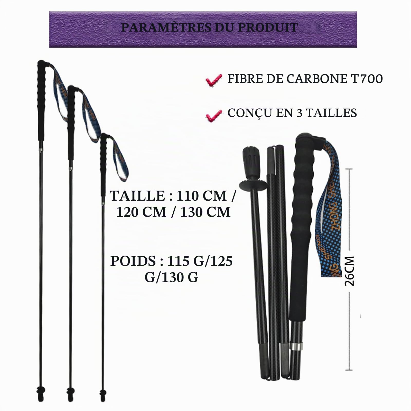 OKHEALING Lot de 2 bâtons de randonnée ultralégers pliables en fibre de carbone avec poignée anti-humidité et sac de rangement