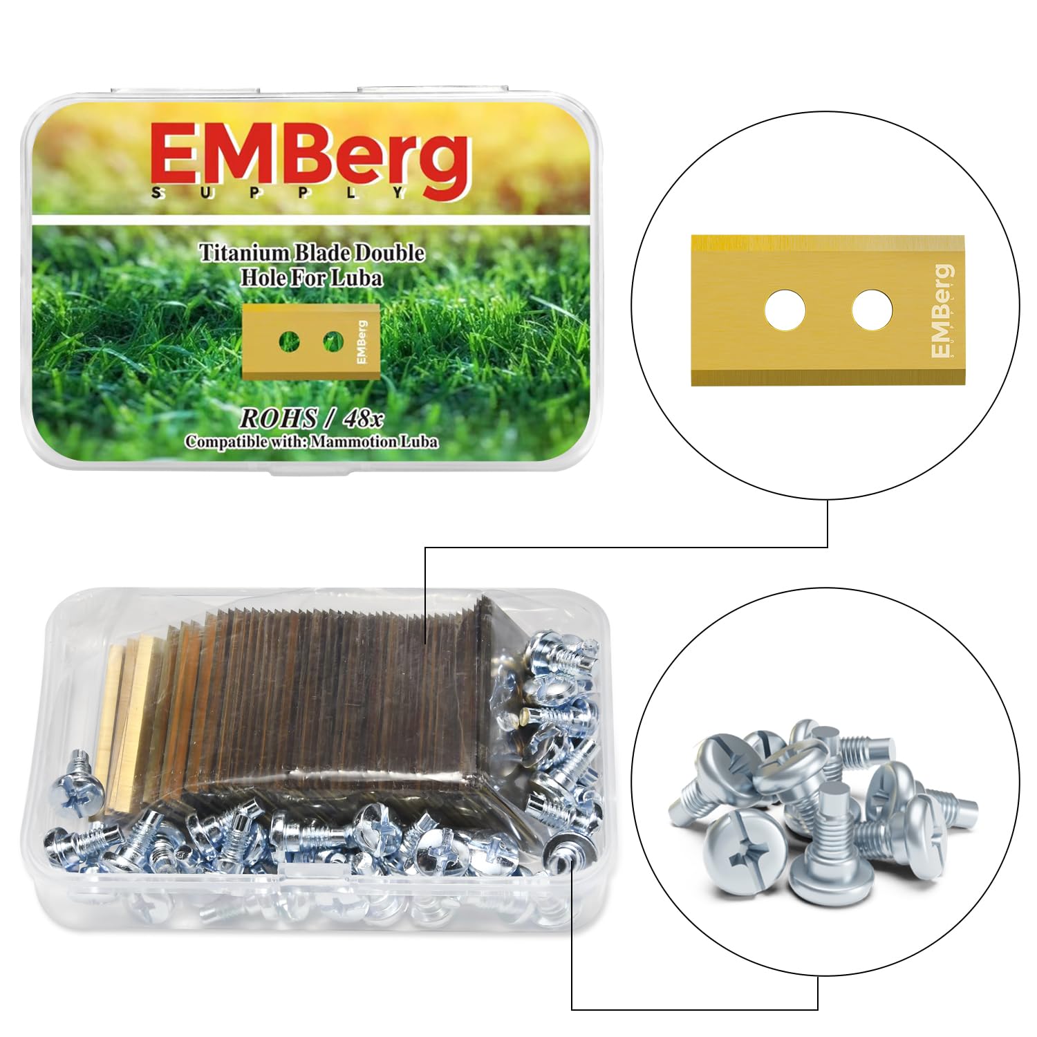 EMBergSupply EMBerg Luba Blade (Edelstahl) Mähroboter Klinge (48, für Luba - Doppelloch) für Mammotion Endurance Ersatzklingen Mähroboter, passend für AWD 5000, 3000, 1000 (6 Sets, 48 Klingen)