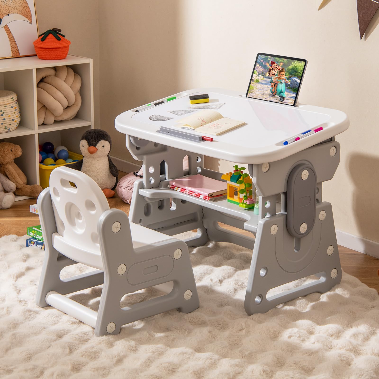 FANTASK Tavolo per bambini con sedia, regolabile in altezza, con piano inclinabile, tavolo per bambini con sedia e spazio di archiviazione, set con accessori per ragazzi e ragazze dai 3 anni, grigio