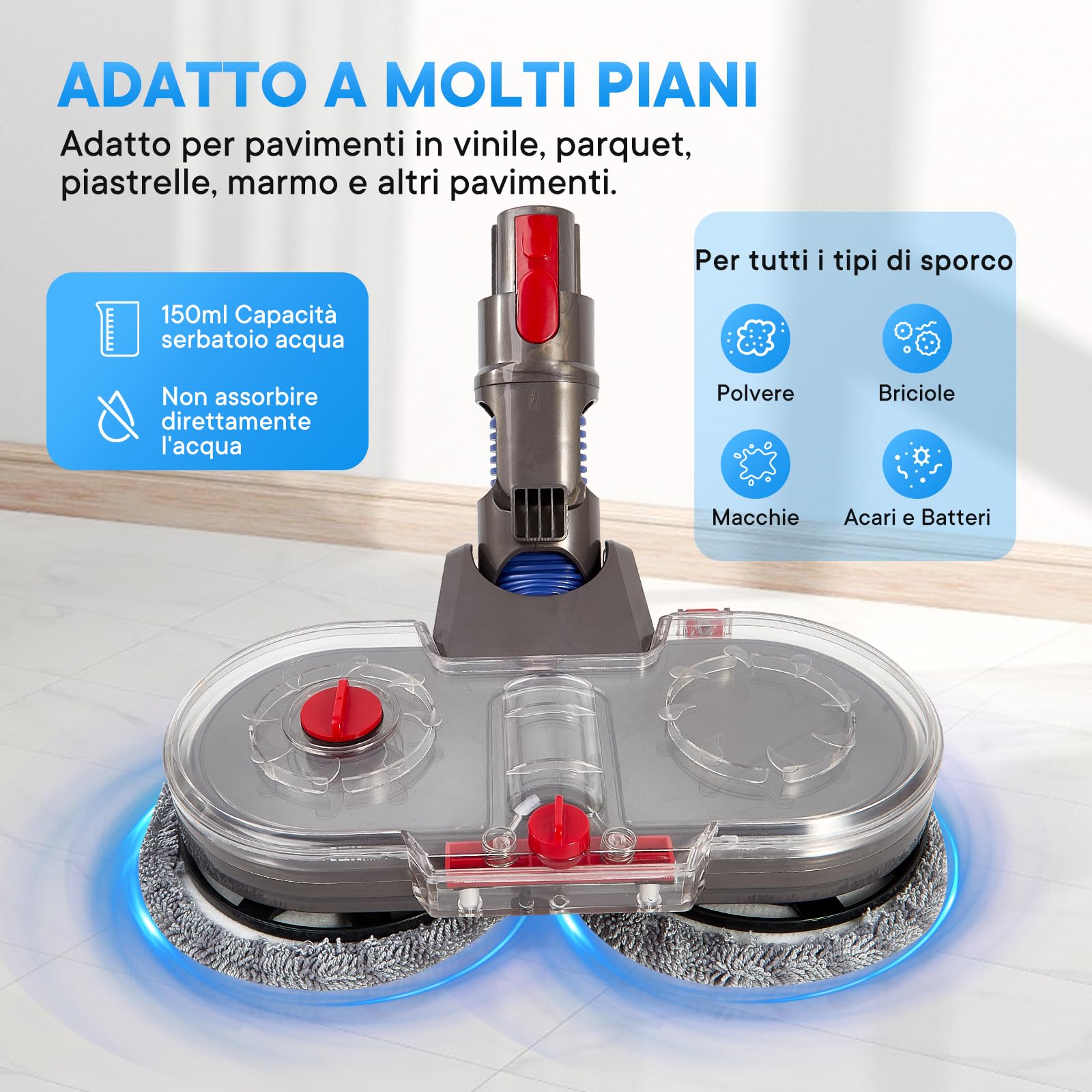 Testa di Mocio Elettrico per Dyson V7/V8/V10/V11/V15 | Spazzola Lavapavimento con Serbatoio Rimovibile e 10 Panni Lavabili | Compatibile con Aspirapolvere Dyson