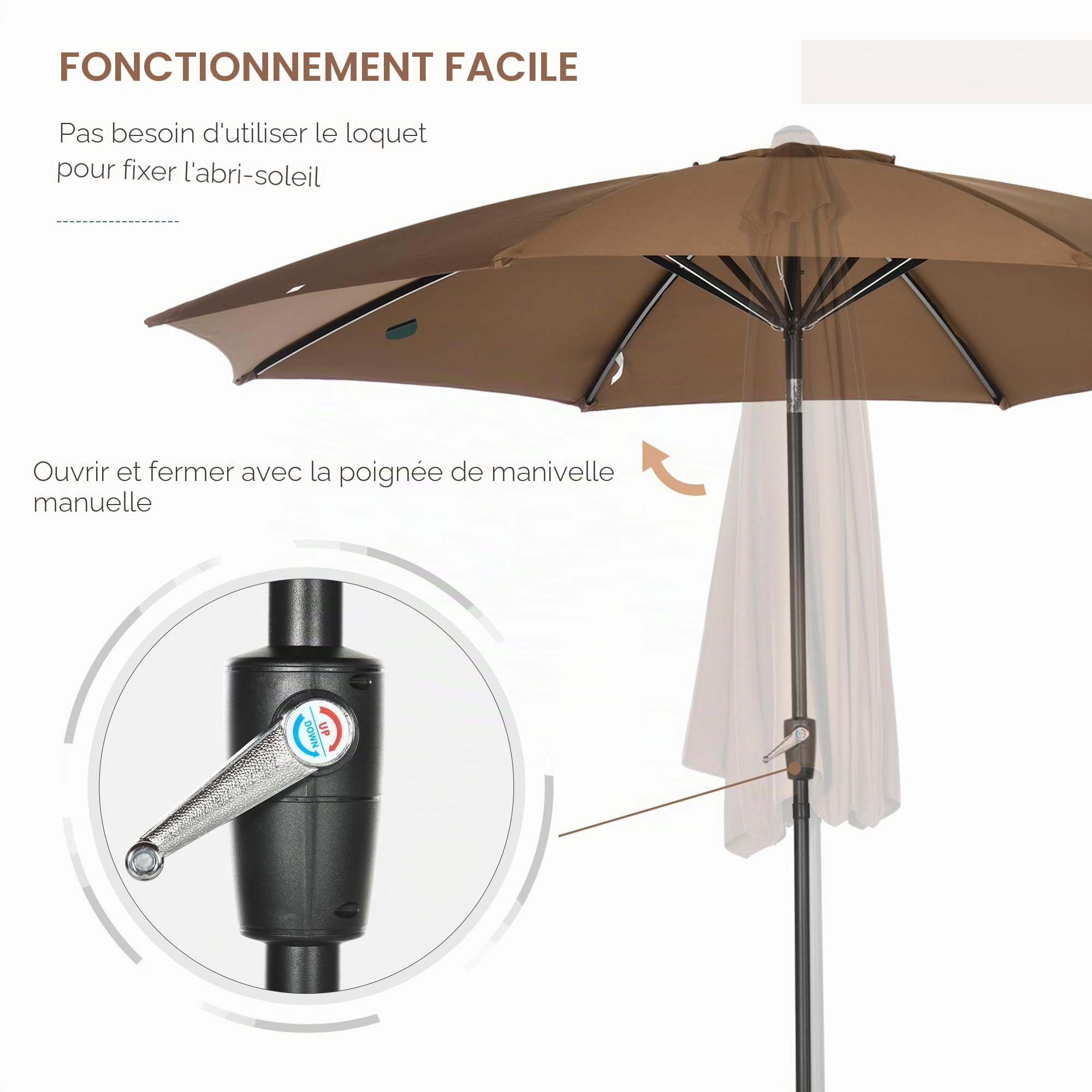Outsunny Parasol Ø300x252cm inclinable canopée manivelle marron