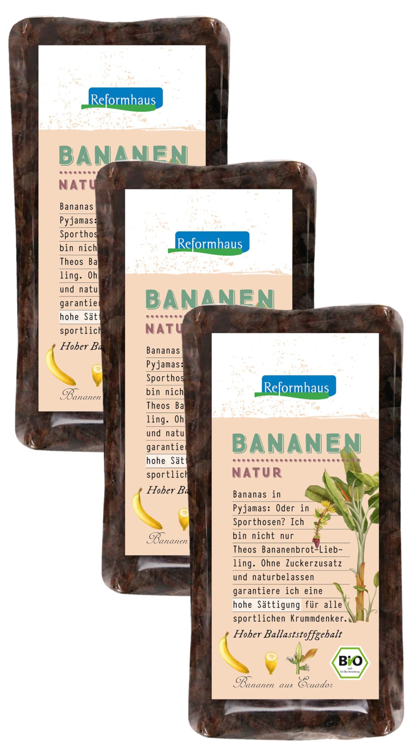 Reformhaus Bananen im Päckchen Bio, 250 g (Packung mit 3)