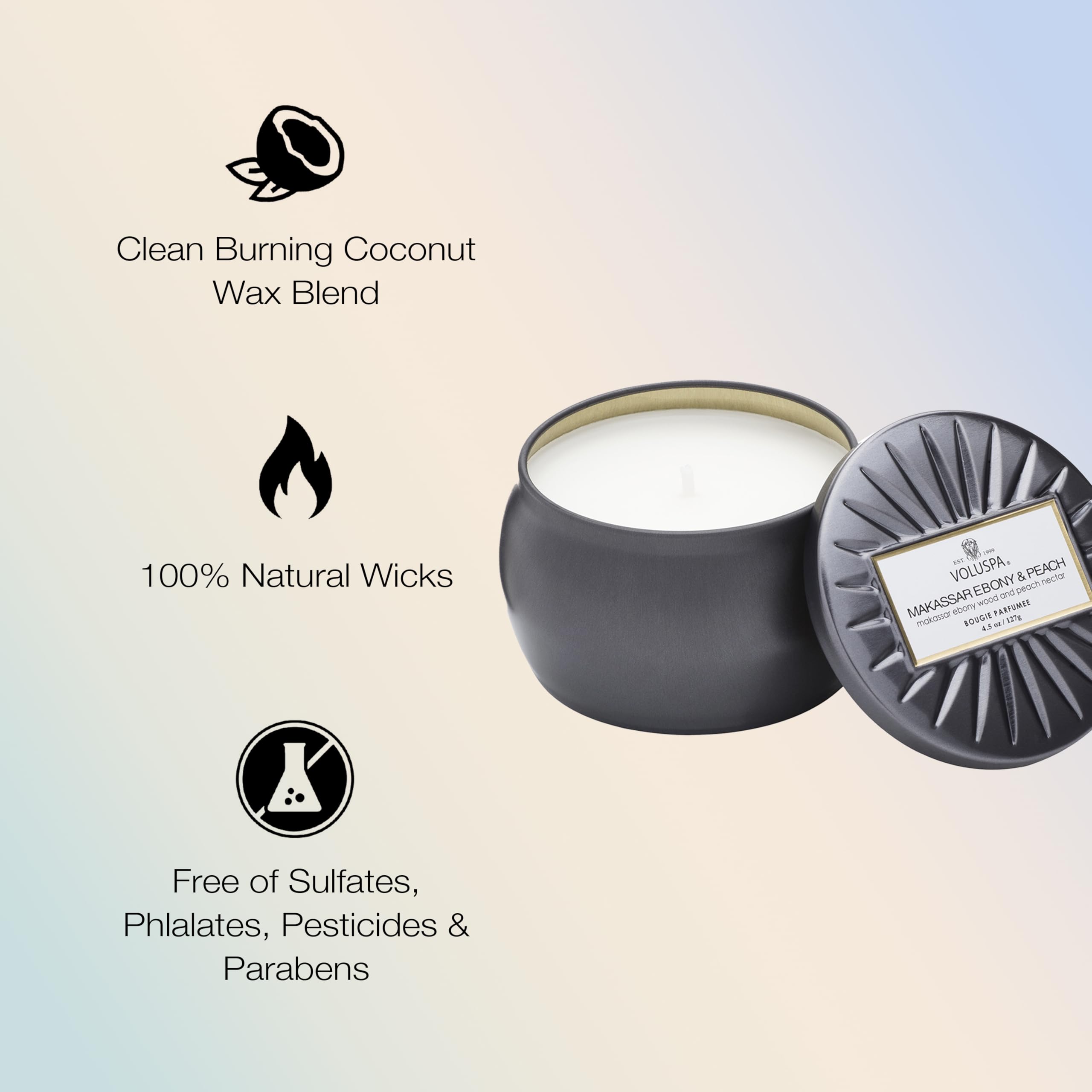 Voluspa Makassar Ebony and Peach Candle | Mini Tin | 4 Oz. | 25 Hour Burn Time | Vegan | Coconut Wax and Natural Wicks for a Cleaner Burn