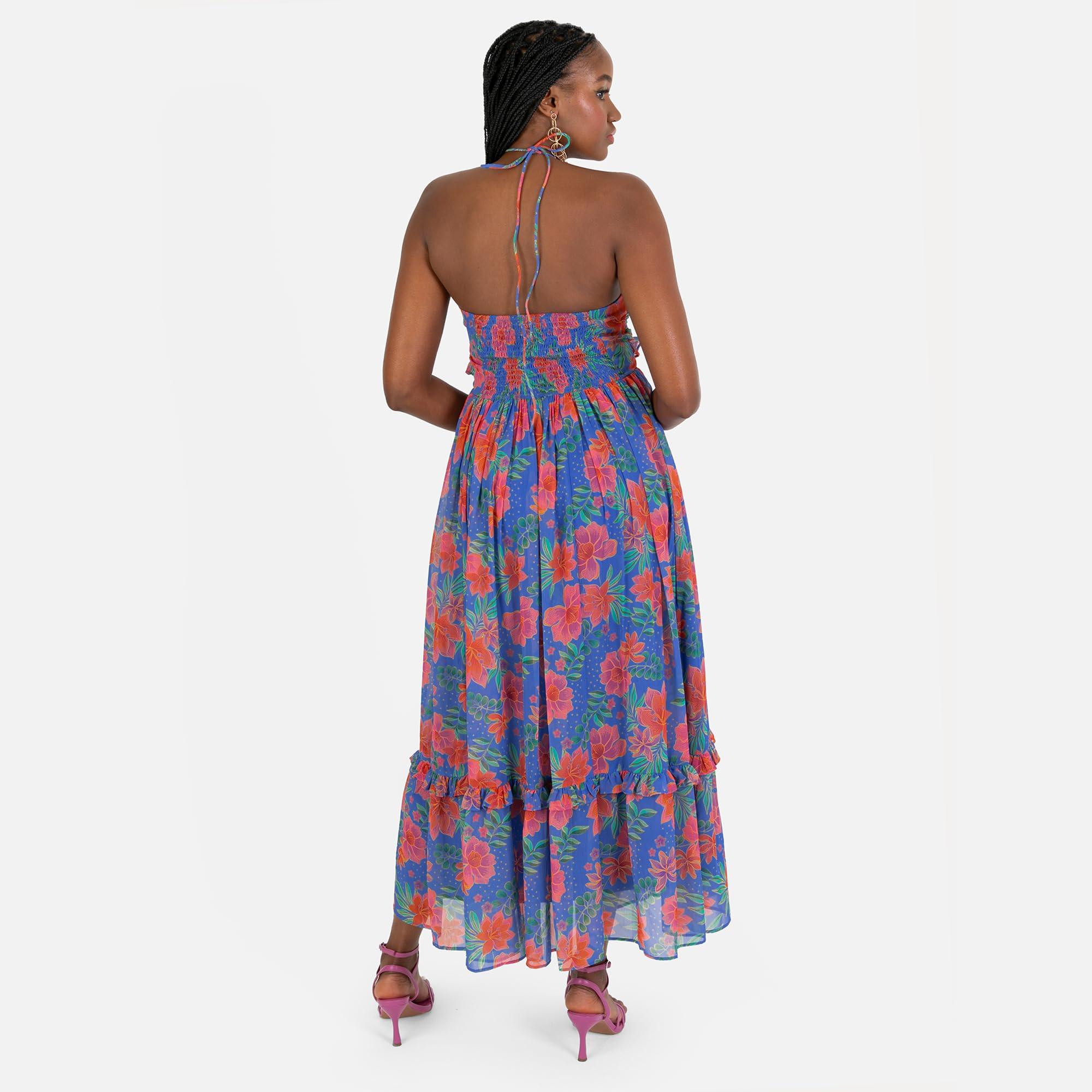 Anaya with Love Midaxi-Vestito a Maniche Corte, con Stampa Floreale, con Paillettes e Orlo, Blu Cobalto, 54 Donna
