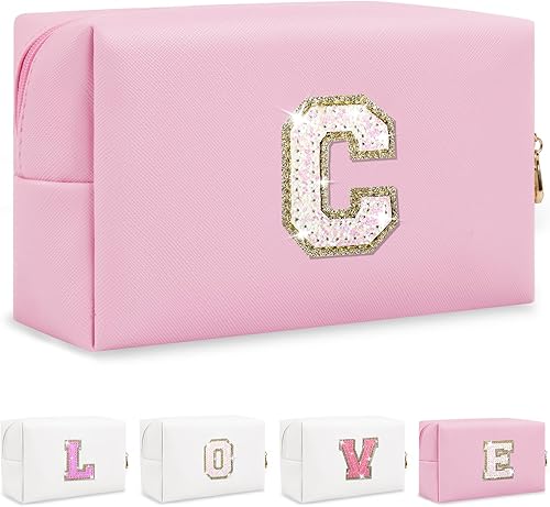 Pequeña bolsa de parche personalizada con inicial, de piel sintética rosa, con purpurina, para cosméticos, regalo de cumpleaños para adolescentes,